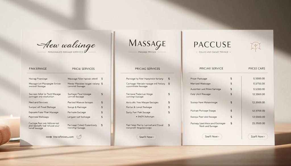 A beautifully designed pricing and package display, showcasing a range of massage services with elegant icons and typography. The layout features a clean, minimalist aesthetic with soft pastel hues, evoking a sense of tranquility and relaxation. The foreground highlights the various package options, each with a clear breakdown of services and corresponding prices. The middle ground blends seamless transitions between the package details, while the background maintains a serene, out-of-focus blur, allowing the pricing information to take center stage. Dramatic lighting casts subtle shadows, adding depth and dimension to the overall composition. The entire scene exudes an air of professionalism, inviting the viewer to explore the personalized massage experience. A beautifully designed pricing and package display, showcasing a range of massage services with elegant icons and typography. The layout features a clean, minimalist aesthetic with soft pastel hues, evoking a sense of tranquility and relaxation. The foreground highlights the various package options, each with a clear breakdown of services and corresponding prices. The middle ground blends seamless transitions between the package details, while the background maintains a serene, out-of-focus blur, allowing the pricing information to take center stage. Dramatic lighting casts subtle shadows, adding depth and dimension to the overall composition. The entire scene exudes an air of professionalism, inviting the viewer to explore the personalized massage experience.
