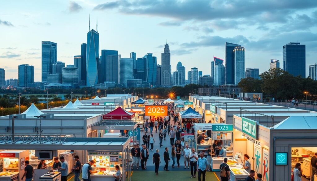 A bustling and vibrant health fair in the year 2025, set against the backdrop of a modern city skyline. The fairgrounds are filled with state-of-the-art medical equipment, cutting-edge healthcare technologies, and informative booths showcasing the latest advancements in the industry. The atmosphere is one of excitement and innovation, with visitors eagerly exploring the diverse array of health-related products and services on display. Warm, natural lighting illuminates the scene, casting a welcoming glow over the event. The overall composition conveys a sense of progress, possibility, and a commitment to prioritizing personal well-being in the years to come. A bustling and vibrant health fair in the year 2025, set against the backdrop of a modern city skyline. The fairgrounds are filled with state-of-the-art medical equipment, cutting-edge healthcare technologies, and informative booths showcasing the latest advancements in the industry. The atmosphere is one of excitement and innovation, with visitors eagerly exploring the diverse array of health-related products and services on display. Warm, natural lighting illuminates the scene, casting a welcoming glow over the event. The overall composition conveys a sense of progress, possibility, and a commitment to prioritizing personal well-being in the years to come.