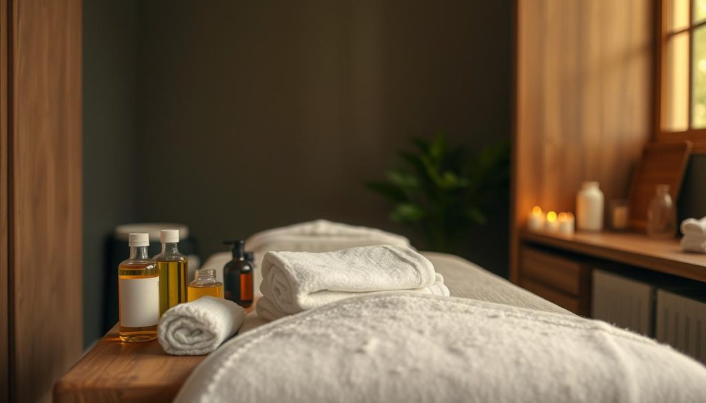 A calming, dimly lit room with soothing natural textures. On a wooden table, an array of massage oils, towels, and a soft, plush blanket. Soft, warm lighting casts a gentle glow, creating an atmosphere of relaxation and tranquility. In the background, a hint of greenery and natural elements, evoking a sense of harmony and balance. The scene exudes a serene, spa-like ambiance, inviting the viewer to imagine the peaceful preparation for a restorative massage experience. A calming, dimly lit room with soothing natural textures. On a wooden table, an array of massage oils, towels, and a soft, plush blanket. Soft, warm lighting casts a gentle glow, creating an atmosphere of relaxation and tranquility. In the background, a hint of greenery and natural elements, evoking a sense of harmony and balance. The scene exudes a serene, spa-like ambiance, inviting the viewer to imagine the peaceful preparation for a restorative massage experience.