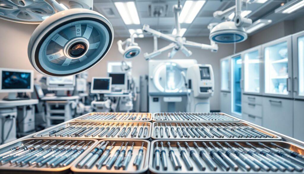 A clinical setting with various medical devices and equipment prominently displayed. The foreground features a sleek, high-tech surgical lamp and a state-of-the-art diagnostic monitor. In the middle ground, rows of precision instruments, from scalpels to syringes, are neatly organized on sterile metal trays. The background showcases a blend of advanced medical technology, with robotic surgical arms, specialized imaging devices, and cutting-edge medical cabinets. The lighting is a warm, clinical white, creating a sense of professionalism and innovation. The overall scene conveys a sense of cutting-edge medical technology, highlighting the cutting-edge products and services that could be found at the health fair. A clinical setting with various medical devices and equipment prominently displayed. The foreground features a sleek, high-tech surgical lamp and a state-of-the-art diagnostic monitor. In the middle ground, rows of precision instruments, from scalpels to syringes, are neatly organized on sterile metal trays. The background showcases a blend of advanced medical technology, with robotic surgical arms, specialized imaging devices, and cutting-edge medical cabinets. The lighting is a warm, clinical white, creating a sense of professionalism and innovation. The overall scene conveys a sense of cutting-edge medical technology, highlighting the cutting-edge products and services that could be found at the health fair.