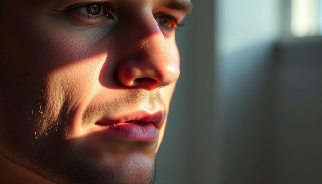 A close-up, high-resolution image of a man's face, lit by soft, natural light from the side. The skin is smooth and healthy, with a slight glow. The lighting emphasizes the contours of the face, highlighting the jawline and cheekbones. The background is slightly blurred, creating a sense of depth and focus on the face. The overall mood is relaxed and serene, conveying the importance of proper skin care for men. A close-up, high-resolution image of a man's face, lit by soft, natural light from the side. The skin is smooth and healthy, with a slight glow. The lighting emphasizes the contours of the face, highlighting the jawline and cheekbones. The background is slightly blurred, creating a sense of depth and focus on the face. The overall mood is relaxed and serene, conveying the importance of proper skin care for men.