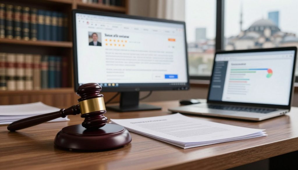 A conceptual image representing the legal process for combating fake reviews. In the foreground, a gavel symbolizes justice, placed on a wooden desk beside a stack of legal documents, suggesting formal procedures. In the middle ground, a computer screen displays a blurred review section, indicating online presence, while an open laptop shows analytics or graphs related to online reputation. The background features shelves lined with law books and a window showcasing a cityscape of Istanbul, conveying a modern atmosphere. The lighting is soft and warm, creating a professional and inviting mood. The angle is slightly elevated, capturing the essence of a focused legal environment, emphasizing the seriousness of addressing the issue of false reviews. A conceptual image representing the legal process for combating fake reviews. In the foreground, a gavel symbolizes justice, placed on a wooden desk beside a stack of legal documents, suggesting formal procedures. In the middle ground, a computer screen displays a blurred review section, indicating online presence, while an open laptop shows analytics or graphs related to online reputation. The background features shelves lined with law books and a window showcasing a cityscape of Istanbul, conveying a modern atmosphere. The lighting is soft and warm, creating a professional and inviting mood. The angle is slightly elevated, capturing the essence of a focused legal environment, emphasizing the seriousness of addressing the issue of false reviews.