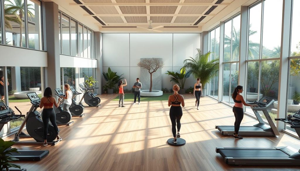 A contemporary fitness sanctuary, where sleek lines and natural elements converge in perfect harmony. Sunlight dances through floor-to-ceiling windows, illuminating a spacious gym floor adorned with state-of-the-art equipment. Vibrant, pulsing music fills the air, as energetic individuals engage in invigorating group classes. The backdrop features a serene meditation garden, its lush greenery and calming water features creating an oasis of tranquility. This holistic fitness experience seamlessly blends physical challenge with mental rejuvenation, embodying the essence of a modern, women-centric wellness destination. A contemporary fitness sanctuary, where sleek lines and natural elements converge in perfect harmony. Sunlight dances through floor-to-ceiling windows, illuminating a spacious gym floor adorned with state-of-the-art equipment. Vibrant, pulsing music fills the air, as energetic individuals engage in invigorating group classes. The backdrop features a serene meditation garden, its lush greenery and calming water features creating an oasis of tranquility. This holistic fitness experience seamlessly blends physical challenge with mental rejuvenation, embodying the essence of a modern, women-centric wellness destination.