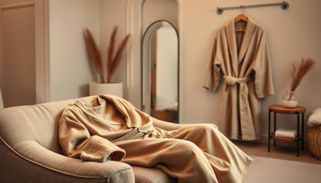 A cozy and inviting bedroom setting, bathed in warm, soft lighting. In the foreground, a plush, oversized loungewear set in a muted, earthy tone lies casually on a comfortable-looking armchair. The fabric appears lightweight and breathable, perfect for easy on and off. In the middle ground, a fluffy, neutral-colored robe hangs from a nearby hook, its long sleeves and deep pockets suggesting a luxurious level of comfort. The background features a serene, minimalist decor, with neutral-toned walls and a peaceful ambiance, creating a relaxing, spa-like atmosphere. A cozy and inviting bedroom setting, bathed in warm, soft lighting. In the foreground, a plush, oversized loungewear set in a muted, earthy tone lies casually on a comfortable-looking armchair. The fabric appears lightweight and breathable, perfect for easy on and off. In the middle ground, a fluffy, neutral-colored robe hangs from a nearby hook, its long sleeves and deep pockets suggesting a luxurious level of comfort. The background features a serene, minimalist decor, with neutral-toned walls and a peaceful ambiance, creating a relaxing, spa-like atmosphere.