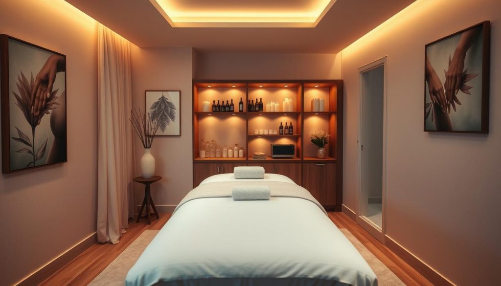 A cozy and inviting massage parlor interior, with warm lighting and soft, luxurious fabrics. A central massage table is the focal point, surrounded by minimalist decor and calming artwork. The room exudes a sense of tranquility and relaxation, with a well-stocked display of various massage oils and aromatherapy candles. The atmosphere is serene and professional, setting the stage for a personalized, bespoke massage experience tailored to the client's needs and budget. A cozy and inviting massage parlor interior, with warm lighting and soft, luxurious fabrics. A central massage table is the focal point, surrounded by minimalist decor and calming artwork. The room exudes a sense of tranquility and relaxation, with a well-stocked display of various massage oils and aromatherapy candles. The atmosphere is serene and professional, setting the stage for a personalized, bespoke massage experience tailored to the client's needs and budget.