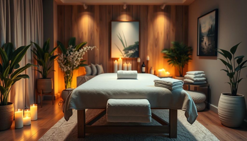 A cozy and relaxing home massage setting. A soft, plush massage table is centered in a warm, dimly lit room, with soothing ambient lighting casting a gentle glow. Candles flicker, and calming nature sounds fill the air. Lush, potted plants and tranquil artwork adorn the walls, creating a serene, spa-like atmosphere. Soft, luxury linens and towels are neatly arranged, inviting the recipient to indulge in a rejuvenating experience. The scene evokes a sense of comfort, relaxation, and personal pampering, perfectly capturing the "Evde Masaj Keyfi" concept. A cozy and relaxing home massage setting. A soft, plush massage table is centered in a warm, dimly lit room, with soothing ambient lighting casting a gentle glow. Candles flicker, and calming nature sounds fill the air. Lush, potted plants and tranquil artwork adorn the walls, creating a serene, spa-like atmosphere. Soft, luxury linens and towels are neatly arranged, inviting the recipient to indulge in a rejuvenating experience. The scene evokes a sense of comfort, relaxation, and personal pampering, perfectly capturing the "Evde Masaj Keyfi" concept.