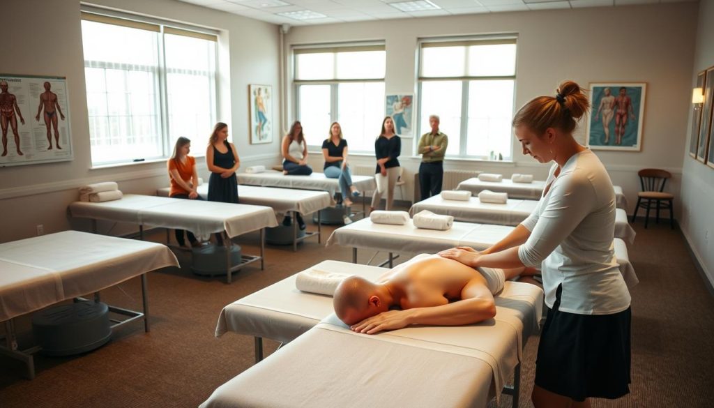 A cozy and serene classroom setting, with rows of massage tables arranged neatly. Soft, natural lighting filters in through large windows, casting a warm glow on the scene. The walls are adorned with anatomical charts and soothing artwork, creating an inviting and educational atmosphere. In the foreground, a massage therapist demonstrates proper techniques on a patient, their movements graceful and attentive. In the background, students observe intently, their expressions focused as they take mental notes. The overall mood is one of tranquility and a deep appreciation for the art of massage. A cozy and serene classroom setting, with rows of massage tables arranged neatly. Soft, natural lighting filters in through large windows, casting a warm glow on the scene. The walls are adorned with anatomical charts and soothing artwork, creating an inviting and educational atmosphere. In the foreground, a massage therapist demonstrates proper techniques on a patient, their movements graceful and attentive. In the background, students observe intently, their expressions focused as they take mental notes. The overall mood is one of tranquility and a deep appreciation for the art of massage.
