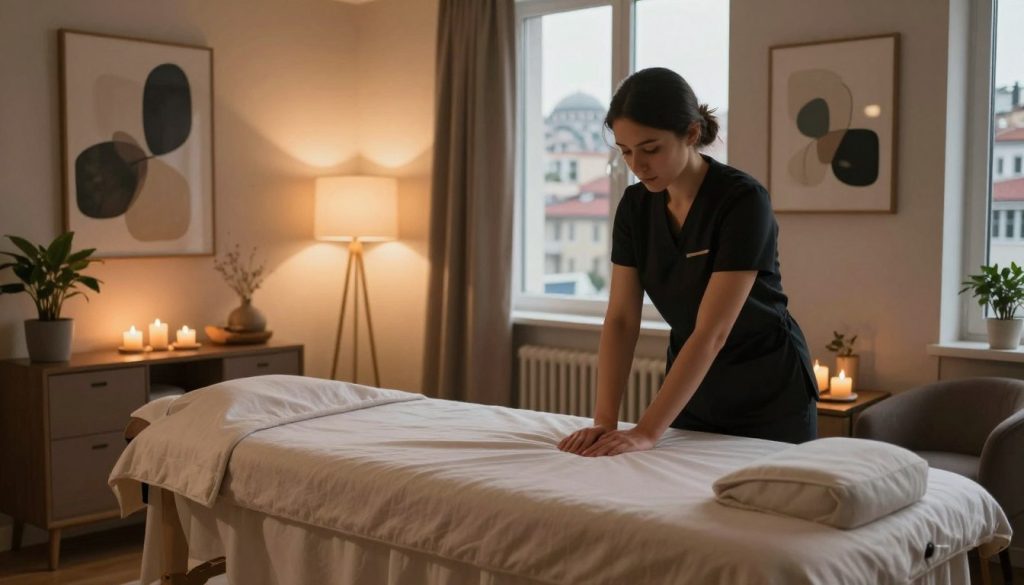A cozy and serene interior of a modern Istanbul apartment showcasing a professional massage setup. In the foreground, a neatly arranged massage table with soft, neutral-toned linens and aromatic candles. A tranquil atmosphere, illuminated by warm, soft lighting from floor lamps, casting gentle shadows. In the middle ground, decorative elements such as potted plants and abstract art on the walls that evoke a calming ambiance. In the background, large windows reveal a glimpse of the bustling cityscape of Istanbul, blending traditional and contemporary architecture, hinting at the vibrant life outside. The image captures a sense of relaxation and comfort, ideal for a professional massage service environment. A cozy and serene interior of a modern Istanbul apartment showcasing a professional massage setup. In the foreground, a neatly arranged massage table with soft, neutral-toned linens and aromatic candles. A tranquil atmosphere, illuminated by warm, soft lighting from floor lamps, casting gentle shadows. In the middle ground, decorative elements such as potted plants and abstract art on the walls that evoke a calming ambiance. In the background, large windows reveal a glimpse of the bustling cityscape of Istanbul, blending traditional and contemporary architecture, hinting at the vibrant life outside. The image captures a sense of relaxation and comfort, ideal for a professional massage service environment.