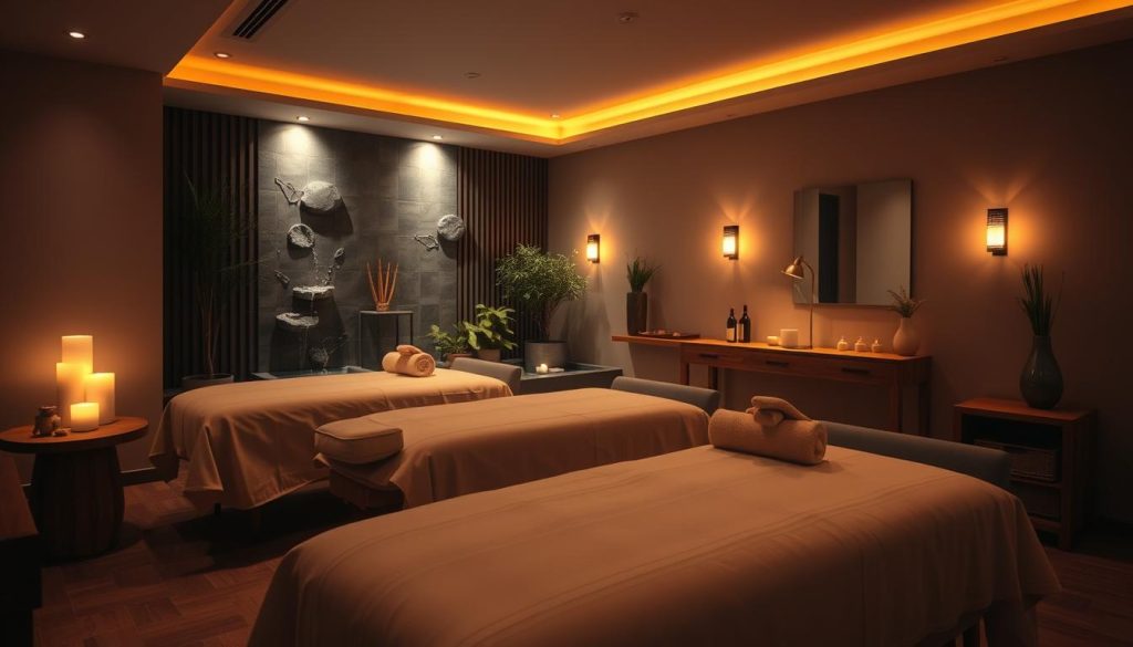A cozy and serene massage parlor, dimly lit with warm, ambient lighting that creates a relaxing atmosphere. The space is neatly arranged, with plush massage tables draped in crisp, clean linens. Subtle scents of essential oils, like lavender and chamomile, linger in the air, enhancing the soothing ambiance. Soft, calming music plays in the background, blending seamlessly with the gentle sounds of a water feature. The room is spacious, with natural elements like potted plants and wooden accents, exuding a sense of tranquility and balance. The overall scene evokes a feeling of being transported to a sanctuary of relaxation, ready to embark on a rejuvenating massage experience. A cozy and serene massage parlor, dimly lit with warm, ambient lighting that creates a relaxing atmosphere. The space is neatly arranged, with plush massage tables draped in crisp, clean linens. Subtle scents of essential oils, like lavender and chamomile, linger in the air, enhancing the soothing ambiance. Soft, calming music plays in the background, blending seamlessly with the gentle sounds of a water feature. The room is spacious, with natural elements like potted plants and wooden accents, exuding a sense of tranquility and balance. The overall scene evokes a feeling of being transported to a sanctuary of relaxation, ready to embark on a rejuvenating massage experience.