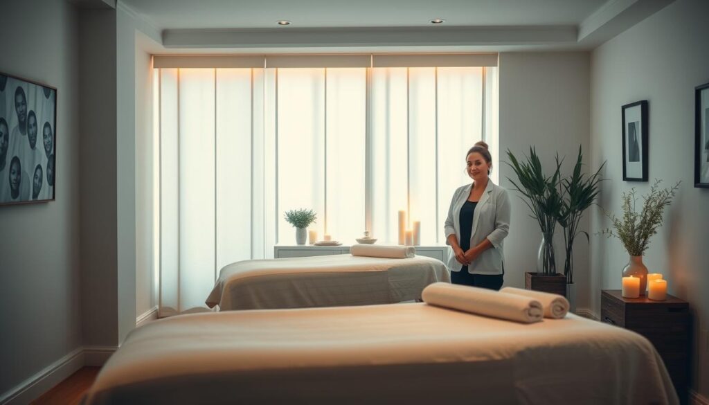 A cozy and serene massage studio, bathed in soft lighting. Two experienced massage therapists, dressed in professional attire, stand ready to guide clients into a state of deep relaxation. The room exudes an aura of tranquility, with plush massage tables and soothing decor elements. Aromatic candles and calming music create a sensory experience that invites the viewer to unwind and indulge in the expertise of these skilled professionals. A cozy and serene massage studio, bathed in soft lighting. Two experienced massage therapists, dressed in professional attire, stand ready to guide clients into a state of deep relaxation. The room exudes an aura of tranquility, with plush massage tables and soothing decor elements. Aromatic candles and calming music create a sensory experience that invites the viewer to unwind and indulge in the expertise of these skilled professionals.