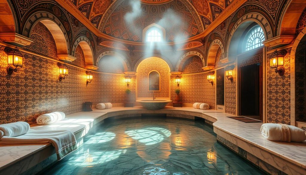 A cozy and serene traditional Turkish hamam, with ornate domed architecture and warm, diffused lighting casting a soft, golden glow. Intricate mosaic tiles line the walls, reflecting the shimmering waters of the central marble plunge pool. Plush towels and aromatic steam fills the air, creating a tranquil and rejuvenating atmosphere. Luxurious marble slabs are positioned for relaxation and pampering, inviting visitors to indulge in a timeless bathing ritual. Ornamental lamps and decorative copper accents add depth and character to the scene, transporting the viewer to the heart of Istanbul's rich cultural heritage. A cozy and serene traditional Turkish hamam, with ornate domed architecture and warm, diffused lighting casting a soft, golden glow. Intricate mosaic tiles line the walls, reflecting the shimmering waters of the central marble plunge pool. Plush towels and aromatic steam fills the air, creating a tranquil and rejuvenating atmosphere. Luxurious marble slabs are positioned for relaxation and pampering, inviting visitors to indulge in a timeless bathing ritual. Ornamental lamps and decorative copper accents add depth and character to the scene, transporting the viewer to the heart of Istanbul's rich cultural heritage.