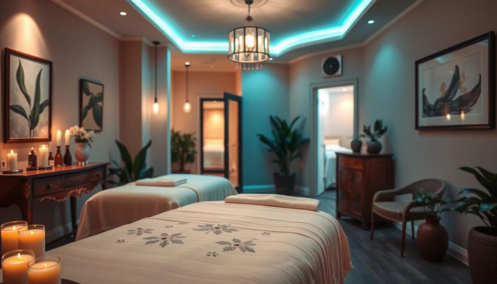 A cozy boutique massage studio interior, featuring soft ambient lighting with warm, inviting colors. The foreground displays a beautifully arranged massage table draped in plush linens, surrounded by candles and essential oil bottles, creating a serene atmosphere. In the middle ground, elegant wooden furniture and lush indoor plants contribute to a tranquil vibe, while calming artwork adorns the walls. The background reveals a softly lit hallway leading to private massage rooms, enhancing the sense of privacy and intimacy. A gentle glow from hanging pendant lights casts soft shadows, inviting relaxation. The overall mood is peaceful and rejuvenating, promoting a sense of escape from the bustling city life outside. A cozy boutique massage studio interior, featuring soft ambient lighting with warm, inviting colors. The foreground displays a beautifully arranged massage table draped in plush linens, surrounded by candles and essential oil bottles, creating a serene atmosphere. In the middle ground, elegant wooden furniture and lush indoor plants contribute to a tranquil vibe, while calming artwork adorns the walls. The background reveals a softly lit hallway leading to private massage rooms, enhancing the sense of privacy and intimacy. A gentle glow from hanging pendant lights casts soft shadows, inviting relaxation. The overall mood is peaceful and rejuvenating, promoting a sense of escape from the bustling city life outside.