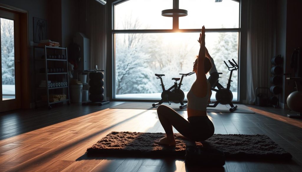 A cozy, dimly lit indoor gym setting. The foreground features a person doing yoga poses on a plush mat, casting long shadows. In the middle ground, exercise equipment such as dumbbells, resistance bands, and a stationary bike are arranged tastefully. The background showcases a large window overlooking a snow-covered winter landscape, with soft, warm lighting filtering through. The overall atmosphere is serene, peaceful, and conducive to both physical and mental well-being. A cozy, dimly lit indoor gym setting. The foreground features a person doing yoga poses on a plush mat, casting long shadows. In the middle ground, exercise equipment such as dumbbells, resistance bands, and a stationary bike are arranged tastefully. The background showcases a large window overlooking a snow-covered winter landscape, with soft, warm lighting filtering through. The overall atmosphere is serene, peaceful, and conducive to both physical and mental well-being.