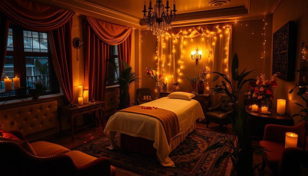 A cozy, dimly-lit interior of a Beyoğlu massage parlor, illuminated by the warm glow of candles and fairy lights. Plush velvet chaise lounges and ornate rugs create an intimate, romantic atmosphere. Delicate floral arrangements and scattered rose petals add a touch of elegance, while soft, soothing music fills the air. The focus is on the inviting massage table, draped in crisp, white linens and surrounded by lush, verdant plants. Diffused, golden lighting casts a gentle, sensual ambiance, conveying a serene, rejuvenating experience for couples seeking a moment of relaxation and connection. A cozy, dimly-lit interior of a Beyoğlu massage parlor, illuminated by the warm glow of candles and fairy lights. Plush velvet chaise lounges and ornate rugs create an intimate, romantic atmosphere. Delicate floral arrangements and scattered rose petals add a touch of elegance, while soft, soothing music fills the air. The focus is on the inviting massage table, draped in crisp, white linens and surrounded by lush, verdant plants. Diffused, golden lighting casts a gentle, sensual ambiance, conveying a serene, rejuvenating experience for couples seeking a moment of relaxation and connection.