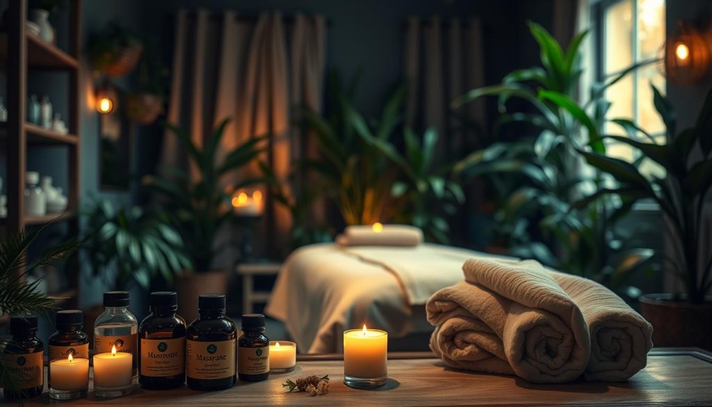 A cozy, dimly lit interior of a boutique massage studio. The foreground features an array of essential oil bottles, candles, and plush towels, inviting the viewer to indulge in the calming aromatherapy experience. The middle ground showcases a massage table draped with luxurious linens, surrounded by lush, potted plants that create a serene, spa-like atmosphere. The background hints at a softly-lit window, casting a warm, golden glow that enhances the relaxing ambiance. The overall composition conveys a sense of tranquility, inviting the viewer to escape the hustle and bustle of the city and immerse themselves in a peaceful, indulgent massage therapy session. A cozy, dimly lit interior of a boutique massage studio. The foreground features an array of essential oil bottles, candles, and plush towels, inviting the viewer to indulge in the calming aromatherapy experience. The middle ground showcases a massage table draped with luxurious linens, surrounded by lush, potted plants that create a serene, spa-like atmosphere. The background hints at a softly-lit window, casting a warm, golden glow that enhances the relaxing ambiance. The overall composition conveys a sense of tranquility, inviting the viewer to escape the hustle and bustle of the city and immerse themselves in a peaceful, indulgent massage therapy session.