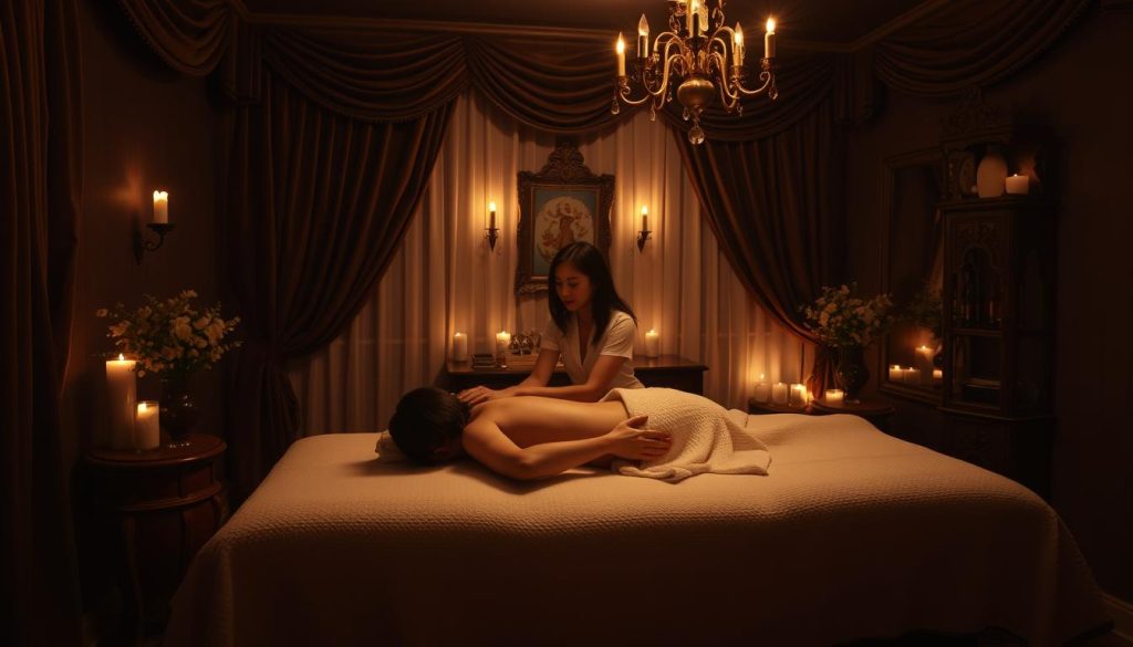 A cozy, dimly lit massage parlor in the heart of Istanbul, with plush velvet curtains, soft candlelight, and the scent of aromatherapy oils lingering in the air. A couple reclines on a luxurious massage table, surrounded by traditional Turkish decor and the gentle sound of soothing music. The masseuse's skilled hands glide over their bodies, promoting relaxation and rejuvenation. The atmosphere is intimate and romantic, creating a serene oasis amidst the bustling city streets outside. A cozy, dimly lit massage parlor in the heart of Istanbul, with plush velvet curtains, soft candlelight, and the scent of aromatherapy oils lingering in the air. A couple reclines on a luxurious massage table, surrounded by traditional Turkish decor and the gentle sound of soothing music. The masseuse's skilled hands glide over their bodies, promoting relaxation and rejuvenation. The atmosphere is intimate and romantic, creating a serene oasis amidst the bustling city streets outside.