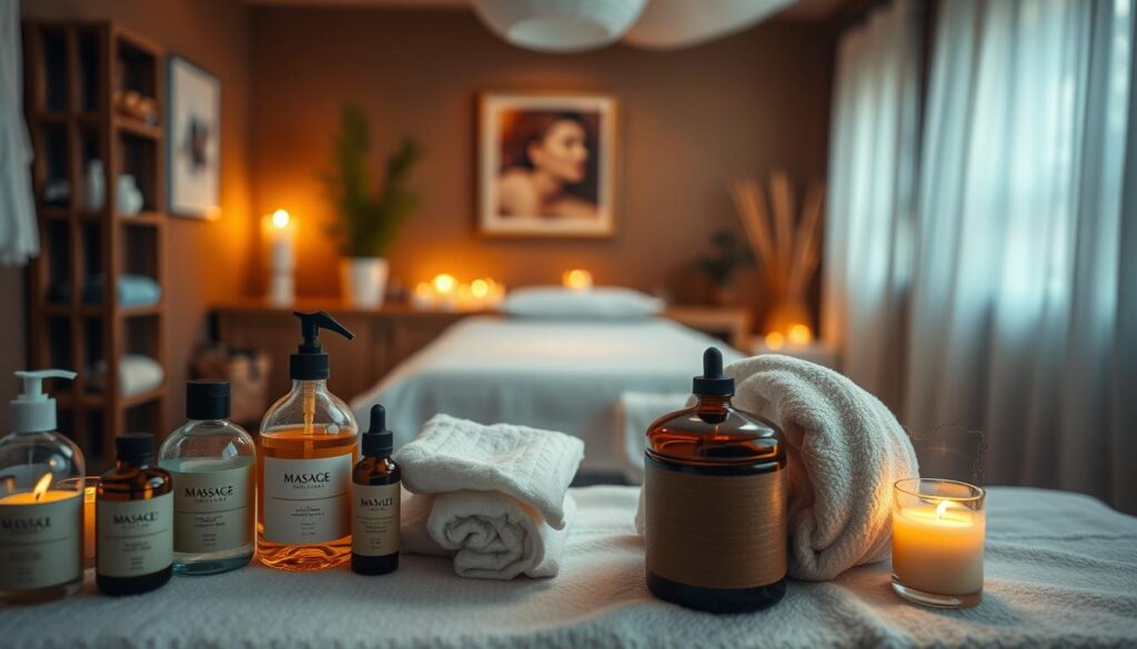 A cozy, dimly lit massage studio with a warm, inviting atmosphere. The foreground features an array of massage oils, towels, and soothing aromatherapy candles, showcasing the various massage modalities available. The middle ground depicts a massage table draped in crisp white linens, inviting the viewer to experience the relaxation and rejuvenation of different massage techniques. The background is softly blurred, emphasizing the focus on the massage elements. The lighting is gentle, creating a serene and tranquil ambiance. The overall tone is one of relaxation, comfort, and the promise of a truly restorative massage experience. A cozy, dimly lit massage studio with a warm, inviting atmosphere. The foreground features an array of massage oils, towels, and soothing aromatherapy candles, showcasing the various massage modalities available. The middle ground depicts a massage table draped in crisp white linens, inviting the viewer to experience the relaxation and rejuvenation of different massage techniques. The background is softly blurred, emphasizing the focus on the massage elements. The lighting is gentle, creating a serene and tranquil ambiance. The overall tone is one of relaxation, comfort, and the promise of a truly restorative massage experience.