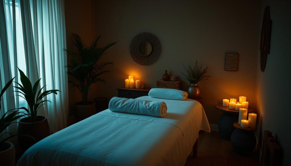 A cozy, dimly lit room with soft lighting, showcasing a tranquil scene of a masage table with luxurious white linens and plush pillows. The table is surrounded by calming elements like potted plants, candles, and a soothing color palette of earthy tones. The room has an intimate, spa-like ambiance, with a sense of relaxation and rejuvenation. The image captures the experience of an antistres massage, conveying a serene and therapeutic atmosphere. A cozy, dimly lit room with soft lighting, showcasing a tranquil scene of a masage table with luxurious white linens and plush pillows. The table is surrounded by calming elements like potted plants, candles, and a soothing color palette of earthy tones. The room has an intimate, spa-like ambiance, with a sense of relaxation and rejuvenation. The image captures the experience of an antistres massage, conveying a serene and therapeutic atmosphere.
