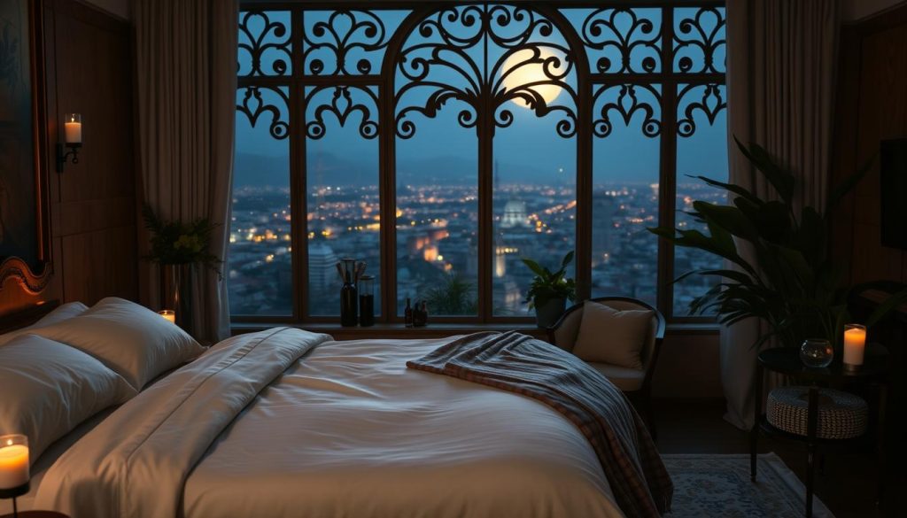 A cozy, dimly lit spa suite with a plush, king-sized bed adorned with crisp, white linens. Soft, flickering candlelight casts a warm, romantic glow, complemented by the soothing scent of essential oils. In the foreground, a wooden massage table draped in luxurious fabrics, awaiting the couple's indulgence. The background features a large, ornate window overlooking a tranquil, moonlit cityscape, creating a serene, intimate atmosphere. Lush, verdant plants accent the scene, adding a natural, calming element. The overall mood is one of relaxation, intimacy, and blissful escapism. A cozy, dimly lit spa suite with a plush, king-sized bed adorned with crisp, white linens. Soft, flickering candlelight casts a warm, romantic glow, complemented by the soothing scent of essential oils. In the foreground, a wooden massage table draped in luxurious fabrics, awaiting the couple's indulgence. The background features a large, ornate window overlooking a tranquil, moonlit cityscape, creating a serene, intimate atmosphere. Lush, verdant plants accent the scene, adding a natural, calming element. The overall mood is one of relaxation, intimacy, and blissful escapism.