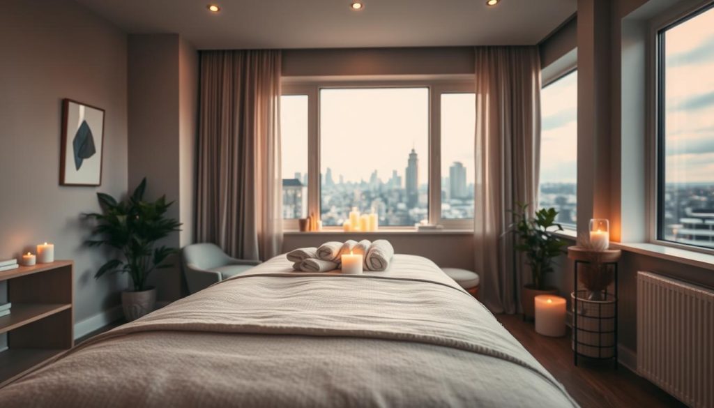 A cozy home interior, bathed in warm, ambient lighting. The focal point is a comfortable massage table, neatly arranged with clean linens and an array of soothing oils and aromatherapy candles. The space is uncluttered and serene, with soft textures and muted tones creating a tranquil, spa-like atmosphere. In the background, a large window overlooks a picturesque city skyline, blending the indoors and outdoors seamlessly. The overall scene conveys a sense of relaxation, comfort, and personalized attention, perfectly capturing the essence of an in-home massage experience. A cozy home interior, bathed in warm, ambient lighting. The focal point is a comfortable massage table, neatly arranged with clean linens and an array of soothing oils and aromatherapy candles. The space is uncluttered and serene, with soft textures and muted tones creating a tranquil, spa-like atmosphere. In the background, a large window overlooks a picturesque city skyline, blending the indoors and outdoors seamlessly. The overall scene conveys a sense of relaxation, comfort, and personalized attention, perfectly capturing the essence of an in-home massage experience.