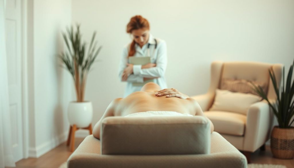 A cozy home interior with a minimalist design, featuring a plush armchair and soft lighting. The focus is on a professional masseuse's hands gently working on a client's back, creating a serene and relaxing atmosphere. The scene conveys a sense of comfort, pampering, and expert care, reflecting the "Boutique Massage Experience" with the masseuse's skilled touch. A cozy home interior with a minimalist design, featuring a plush armchair and soft lighting. The focus is on a professional masseuse's hands gently working on a client's back, creating a serene and relaxing atmosphere. The scene conveys a sense of comfort, pampering, and expert care, reflecting the "Boutique Massage Experience" with the masseuse's skilled touch.