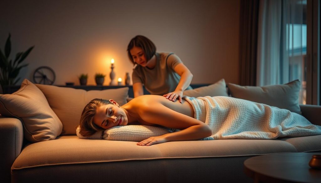 A cozy home interior with a plush, oversized sofa and a tranquil, dimly lit ambiance. A masseuse's hands gently kneading the shoulders of a relaxed client, their facial expression conveying a sense of deep relaxation. Soft, warm lighting creates a soothing atmosphere, while minimalist decor and natural elements like potted plants or a wooden coffee table add to the overall sense of comfort and tranquility. The scene exudes a feeling of indulgence and personalized care, capturing the essence of an in-home massage experience. A cozy home interior with a plush, oversized sofa and a tranquil, dimly lit ambiance. A masseuse's hands gently kneading the shoulders of a relaxed client, their facial expression conveying a sense of deep relaxation. Soft, warm lighting creates a soothing atmosphere, while minimalist decor and natural elements like potted plants or a wooden coffee table add to the overall sense of comfort and tranquility. The scene exudes a feeling of indulgence and personalized care, capturing the essence of an in-home massage experience.