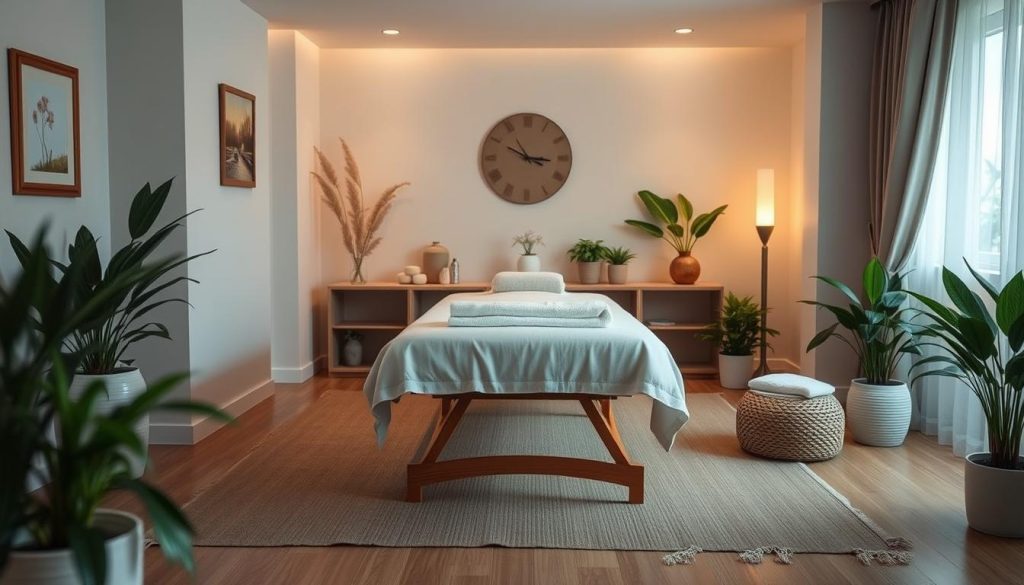 A cozy home setting with a neatly arranged massage table in the center, surrounded by potted plants, soft lighting, and soothing decor elements. The table is adorned with plush linens and towels, conveying a sense of tranquility and relaxation. The room's neutral color palette and natural textures create a calming ambiance, inviting the viewer to imagine the comfort and rejuvenation of an in-home massage experience. The angle captures the scene from a slightly elevated perspective, giving a comprehensive view of the inviting massage setup within the serene, private setting. A cozy home setting with a neatly arranged massage table in the center, surrounded by potted plants, soft lighting, and soothing decor elements. The table is adorned with plush linens and towels, conveying a sense of tranquility and relaxation. The room's neutral color palette and natural textures create a calming ambiance, inviting the viewer to imagine the comfort and rejuvenation of an in-home massage experience. The angle captures the scene from a slightly elevated perspective, giving a comprehensive view of the inviting massage setup within the serene, private setting.