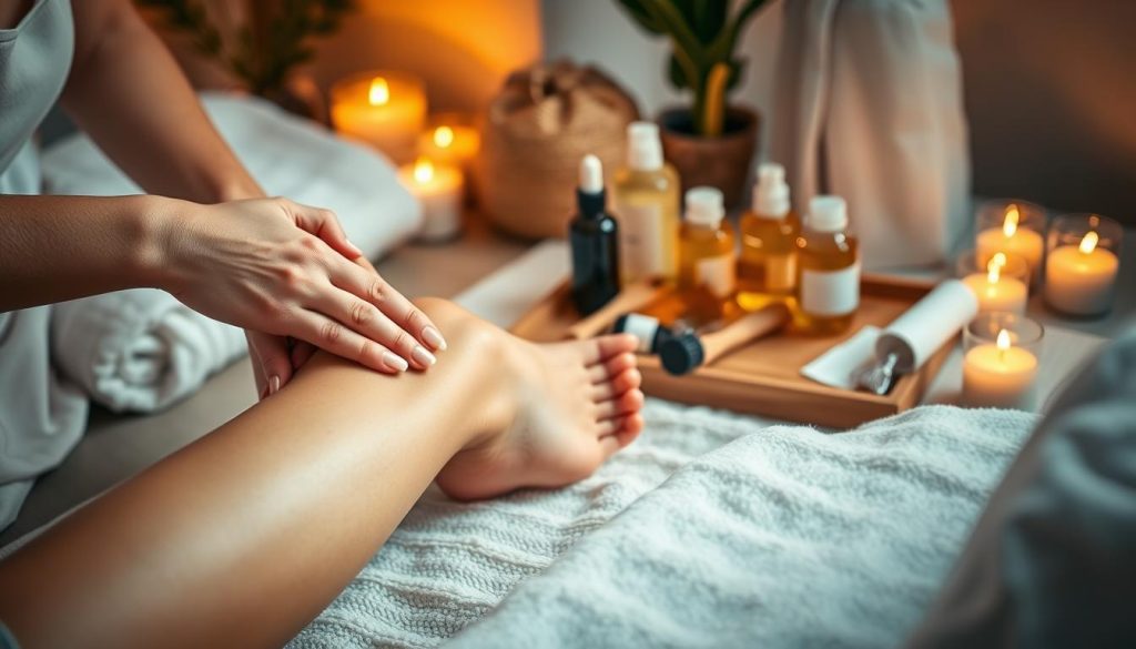 A cozy home spa scene, bathed in warm, soft lighting. In the foreground, a woman's hands gently massage her lower legs, kneading and stroking to improve circulation and reduce the appearance of cellulite. The middle ground features an array of massage oils, brushes, and other self-care tools arranged neatly on a wooden tray. In the background, a plush towel and candles create a serene, relaxing atmosphere. The composition emphasizes the delicate, caring nature of the self-massage process, inviting the viewer to envision themselves taking a moment of tranquility and self-nurturing. A cozy home spa scene, bathed in warm, soft lighting. In the foreground, a woman's hands gently massage her lower legs, kneading and stroking to improve circulation and reduce the appearance of cellulite. The middle ground features an array of massage oils, brushes, and other self-care tools arranged neatly on a wooden tray. In the background, a plush towel and candles create a serene, relaxing atmosphere. The composition emphasizes the delicate, caring nature of the self-massage process, inviting the viewer to envision themselves taking a moment of tranquility and self-nurturing.