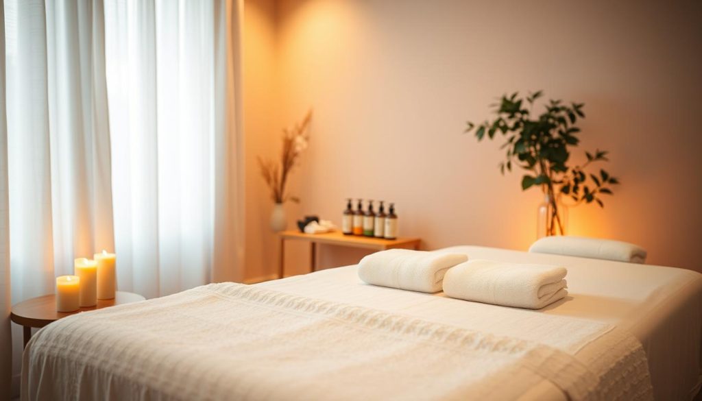 A cozy, inviting massage studio in Bakırköy, bathed in warm, soft lighting. The foreground features an elegant massage table, freshly made with crisp white linens and plush towels. Calming scented candles flicker, setting a soothing ambiance. In the middle ground, a selection of natural massage oils and lotions is neatly arranged on a wooden side table. The background showcases a serene, minimalist decor with muted earth tones, gentle floral accents, and a tranquil indoor plant. The overall atmosphere evokes a sense of relaxation and rejuvenation, perfect for a first-time massage experience. A cozy, inviting massage studio in Bakırköy, bathed in warm, soft lighting. The foreground features an elegant massage table, freshly made with crisp white linens and plush towels. Calming scented candles flicker, setting a soothing ambiance. In the middle ground, a selection of natural massage oils and lotions is neatly arranged on a wooden side table. The background showcases a serene, minimalist decor with muted earth tones, gentle floral accents, and a tranquil indoor plant. The overall atmosphere evokes a sense of relaxation and rejuvenation, perfect for a first-time massage experience.