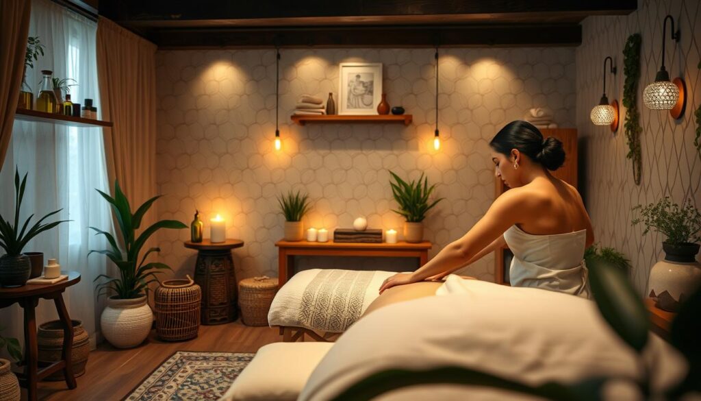 A cozy massage parlor nestled in the heart of Istanbul, filled with the soothing scents of essential oils and the gentle hum of ambient music. In the foreground, a tranquil scene unfolds as a skilled masseuse expertly kneads the tension from a client's shoulders, using a blend of traditional Turkish techniques and modern therapeutic approaches. The middle ground showcases an array of massage modalities, from the rejuvenating Turkish hammam experience to the tension-relieving deep tissue massage, each tailored to the unique needs of the individual. The background evokes a serene, spa-like atmosphere, with soft lighting, natural textures, and calming décor that transports the viewer to a state of pure relaxation. A cozy massage parlor nestled in the heart of Istanbul, filled with the soothing scents of essential oils and the gentle hum of ambient music. In the foreground, a tranquil scene unfolds as a skilled masseuse expertly kneads the tension from a client's shoulders, using a blend of traditional Turkish techniques and modern therapeutic approaches. The middle ground showcases an array of massage modalities, from the rejuvenating Turkish hammam experience to the tension-relieving deep tissue massage, each tailored to the unique needs of the individual. The background evokes a serene, spa-like atmosphere, with soft lighting, natural textures, and calming décor that transports the viewer to a state of pure relaxation.