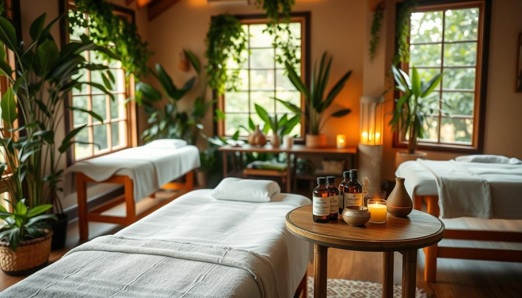 A cozy massage studio filled with lush greenery and warm natural lighting. Wooden massage tables stand ready, adorned with crisp white linens. On a side table, an array of organic massage oils, candles, and soothing aromatherapy diffusers await. The scene exudes a tranquil, spa-like atmosphere, inviting the viewer to relax and enjoy a restorative massage experience. The focus is on creating a calming, rejuvenating ambiance conducive to pre-massage preparation and health-conscious self-care. A cozy massage studio filled with lush greenery and warm natural lighting. Wooden massage tables stand ready, adorned with crisp white linens. On a side table, an array of organic massage oils, candles, and soothing aromatherapy diffusers await. The scene exudes a tranquil, spa-like atmosphere, inviting the viewer to relax and enjoy a restorative massage experience. The focus is on creating a calming, rejuvenating ambiance conducive to pre-massage preparation and health-conscious self-care.