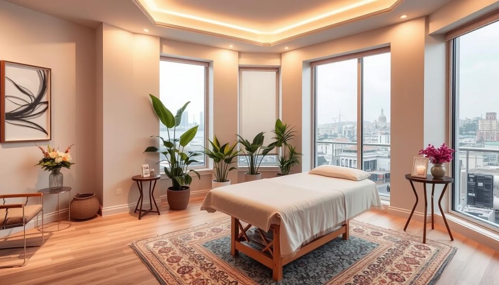A cozy, modern interior of a boutique massage parlor in Istanbul. Soft, warm lighting illuminates the serene space, with clean lines and natural textures creating a sense of tranquility. In the foreground, a plush massage table sits atop a patterned rug, accompanied by elegant side tables and a vase of fresh flowers. The middle ground features lush, verdant plants and calming artwork on the walls, while the background showcases large windows offering a glimpse of the bustling city outside. The overall atmosphere evokes a personalized, wellness-focused experience tailored to the individual. A cozy, modern interior of a boutique massage parlor in Istanbul. Soft, warm lighting illuminates the serene space, with clean lines and natural textures creating a sense of tranquility. In the foreground, a plush massage table sits atop a patterned rug, accompanied by elegant side tables and a vase of fresh flowers. The middle ground features lush, verdant plants and calming artwork on the walls, while the background showcases large windows offering a glimpse of the bustling city outside. The overall atmosphere evokes a personalized, wellness-focused experience tailored to the individual.