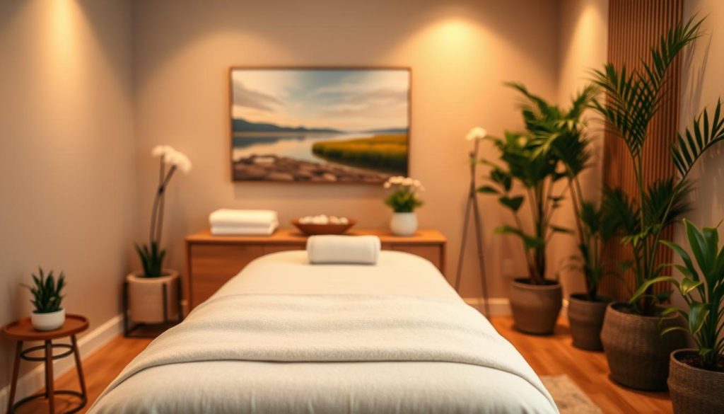 A cozy therapy room with warm lighting, featuring a modern massage table adorned with plush linens. In the background, a tranquil landscape painting hangs on the wall, complemented by natural wood accents and lush potted plants. The room exudes a sense of peaceful relaxation, inviting the viewer to imagine a personalized treatment plan tailored to their unique needs. The perspective is slightly elevated, capturing the serene atmosphere and attention to detail that characterizes the professional, customized care offered. A cozy therapy room with warm lighting, featuring a modern massage table adorned with plush linens. In the background, a tranquil landscape painting hangs on the wall, complemented by natural wood accents and lush potted plants. The room exudes a sense of peaceful relaxation, inviting the viewer to imagine a personalized treatment plan tailored to their unique needs. The perspective is slightly elevated, capturing the serene atmosphere and attention to detail that characterizes the professional, customized care offered.