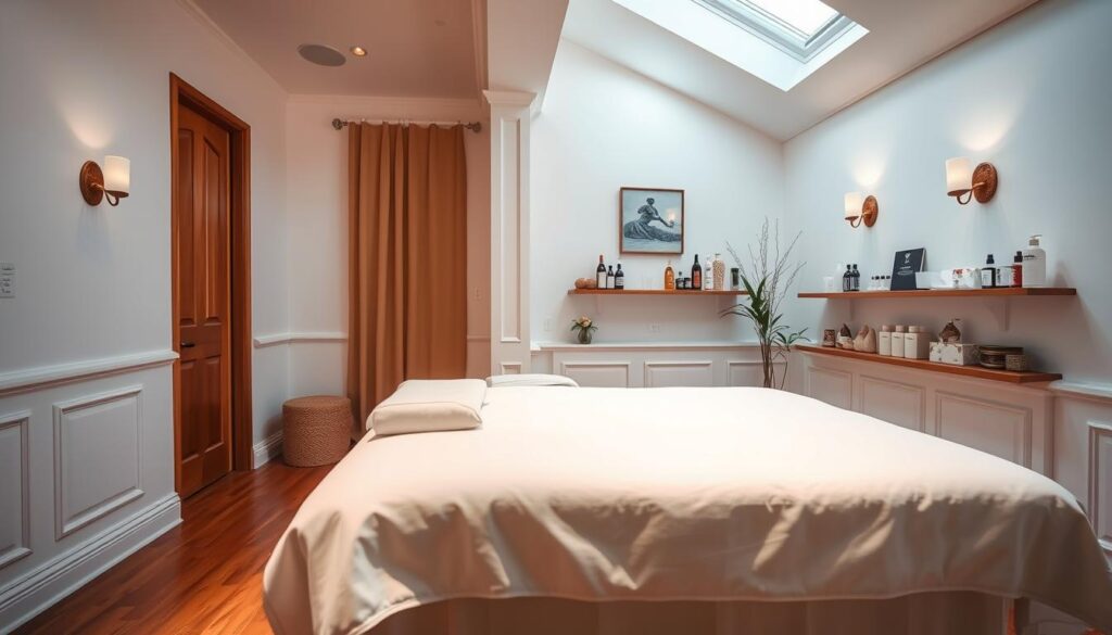 A cozy, well-lit massage parlor interior with pristine white walls, gleaming hardwood floors, and elegant decor. Soft lighting from wall sconces and skylights creates a calming ambiance. In the foreground, a high-quality massage table draped in clean, plush linens stands ready for clients. Discreet shelves display neatly organized massage oils, lotions, and other premium amenities. The overall atmosphere conveys a sense of professionalism, hygiene, and attention to detail that would assure discerning customers of the establishment's commitment to the highest standards of service. A cozy, well-lit massage parlor interior with pristine white walls, gleaming hardwood floors, and elegant decor. Soft lighting from wall sconces and skylights creates a calming ambiance. In the foreground, a high-quality massage table draped in clean, plush linens stands ready for clients. Discreet shelves display neatly organized massage oils, lotions, and other premium amenities. The overall atmosphere conveys a sense of professionalism, hygiene, and attention to detail that would assure discerning customers of the establishment's commitment to the highest standards of service.