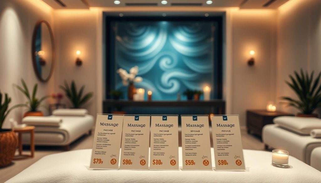 A cozy, well-lit spa-like setting with a sleek, minimalist aesthetic. In the foreground, a neatly organized display showcases various massage package options, with price tags and icons indicating the services included. The middle ground features soothing, ambient lighting and decorative elements like potted plants, candles, and soft, textured fabrics to create a tranquil, inviting atmosphere. The background gently fades into a serene, blurred backdrop, emphasizing the focus on the massage service offerings. The overall composition suggests an elegant, high-end experience tailored to the needs and budgets of the audience. A cozy, well-lit spa-like setting with a sleek, minimalist aesthetic. In the foreground, a neatly organized display showcases various massage package options, with price tags and icons indicating the services included. The middle ground features soothing, ambient lighting and decorative elements like potted plants, candles, and soft, textured fabrics to create a tranquil, inviting atmosphere. The background gently fades into a serene, blurred backdrop, emphasizing the focus on the massage service offerings. The overall composition suggests an elegant, high-end experience tailored to the needs and budgets of the audience.