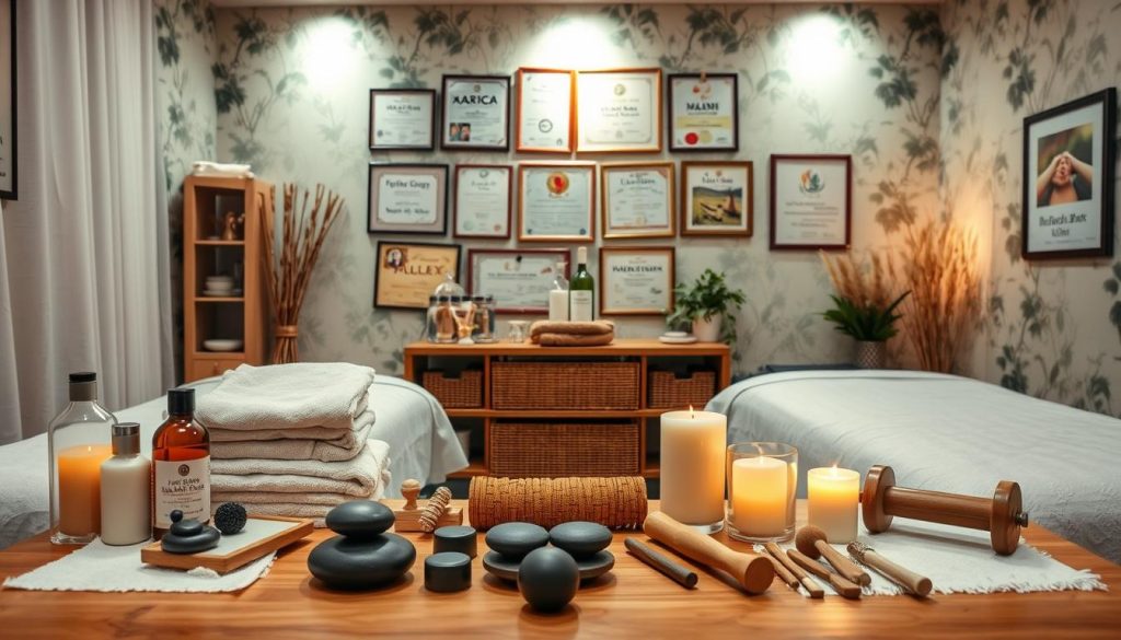 A cozy, well-lit studio with soft, diffused lighting highlighting a selection of massage therapy tools and accessories, including massage oils, towels, and aromatherapy candles. The foreground features an array of hands-on therapies, such as massage stones, acupressure tools, and therapeutic massage rollers, neatly arranged on a wooden surface. The middle ground showcases a variety of professional massage therapy certificates and licenses, conveying a sense of expertise and credibility. The background features a serene, nature-inspired wallpaper, creating a calming and rejuvenating atmosphere. A cozy, well-lit studio with soft, diffused lighting highlighting a selection of massage therapy tools and accessories, including massage oils, towels, and aromatherapy candles. The foreground features an array of hands-on therapies, such as massage stones, acupressure tools, and therapeutic massage rollers, neatly arranged on a wooden surface. The middle ground showcases a variety of professional massage therapy certificates and licenses, conveying a sense of expertise and credibility. The background features a serene, nature-inspired wallpaper, creating a calming and rejuvenating atmosphere.