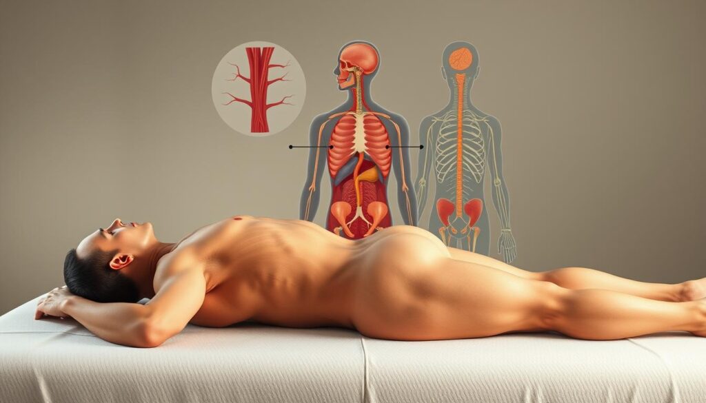 A detailed anatomical illustration showcasing the effects of massage on the human body. In the foreground, a serene figure reclines in tranquil repose, muscles visibly relaxed and tension dissipated. The middle ground reveals intricate, lifelike depictions of the circulatory, lymphatic, and nervous systems, highlighting how massage promotes improved blood flow, lymph drainage, and reduced nerve irritation. The background presents a soothing, naturalistic environment, with soft lighting and muted colors conveying a sense of wellness and rejuvenation. The composition emphasizes the holistic, therapeutic benefits of massage therapy, capturing its profound impact on the overall function and well-being of the body. A detailed anatomical illustration showcasing the effects of massage on the human body. In the foreground, a serene figure reclines in tranquil repose, muscles visibly relaxed and tension dissipated. The middle ground reveals intricate, lifelike depictions of the circulatory, lymphatic, and nervous systems, highlighting how massage promotes improved blood flow, lymph drainage, and reduced nerve irritation. The background presents a soothing, naturalistic environment, with soft lighting and muted colors conveying a sense of wellness and rejuvenation. The composition emphasizes the holistic, therapeutic benefits of massage therapy, capturing its profound impact on the overall function and well-being of the body.