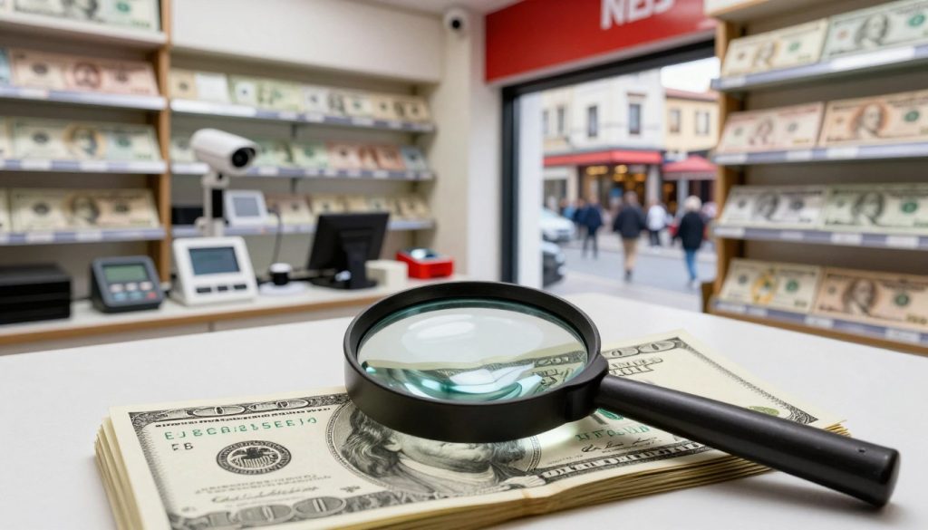 A detailed and realistic scene depicting a counterfeit detection scenario. In the foreground, a magnifying glass is placed over a stack of counterfeit dollar bills, showcasing intricate security features being examined closely. In the middle ground, a well-organized, modern store with shelves displaying legitimate currency detection tools and a surveillance camera monitoring the area. In the background, a blurred image of a bustling Istanbul street through a large shop window, hinting at the city's vibrancy. The lighting is bright, emphasizing the alarm and seriousness of the counterfeit investigation. The atmosphere conveys tension and alertness, suggesting a serious approach to fraud detection. The focus is on the tools and environment of deception, with no human figures present. A detailed and realistic scene depicting a counterfeit detection scenario. In the foreground, a magnifying glass is placed over a stack of counterfeit dollar bills, showcasing intricate security features being examined closely. In the middle ground, a well-organized, modern store with shelves displaying legitimate currency detection tools and a surveillance camera monitoring the area. In the background, a blurred image of a bustling Istanbul street through a large shop window, hinting at the city's vibrancy. The lighting is bright, emphasizing the alarm and seriousness of the counterfeit investigation. The atmosphere conveys tension and alertness, suggesting a serious approach to fraud detection. The focus is on the tools and environment of deception, with no human figures present.