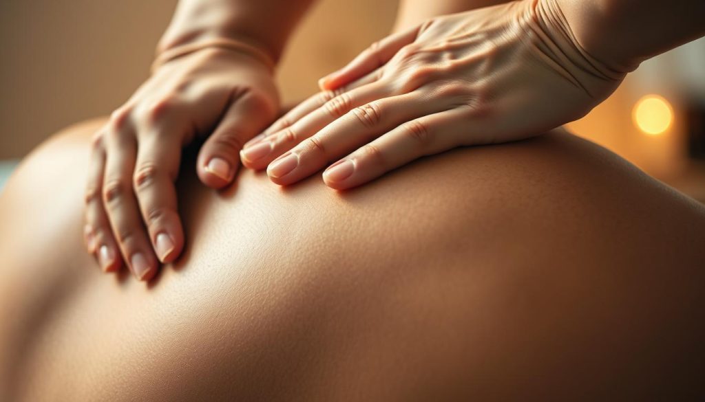 A detailed, close-up view of a medical massage technique in action. The scene depicts skilled hands kneading and manipulating the soft tissues of the upper back, with a focus on the shoulder and neck area. The lighting is warm and diffused, creating a soothing, therapeutic atmosphere. The background is blurred, keeping the attention on the massage process. The composition emphasizes the intricate, deliberate movements of the massage, conveying the expertise and care required for this effective medical treatment. A detailed, close-up view of a medical massage technique in action. The scene depicts skilled hands kneading and manipulating the soft tissues of the upper back, with a focus on the shoulder and neck area. The lighting is warm and diffused, creating a soothing, therapeutic atmosphere. The background is blurred, keeping the attention on the massage process. The composition emphasizes the intricate, deliberate movements of the massage, conveying the expertise and care required for this effective medical treatment.