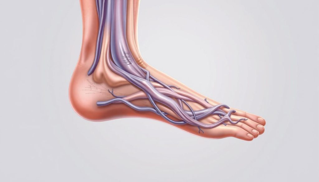 A detailed cross-section illustration of the formation of varicose veins. Depicting the anatomy of the leg, showing the skin, subcutaneous fat, muscle, and circulatory system. Focused on the vein walls dilating and twisting, creating the knotted, bulging appearance of varicose veins. Rendered in a technical, medical illustration style with clean lines, muted colors, and subtle shadows to convey depth and structure. Backlit by a soft, diffused light source to highlight the internal structures. Camera angle positioned to provide an informative, educational view of the varis oluşumu process. A detailed cross-section illustration of the formation of varicose veins. Depicting the anatomy of the leg, showing the skin, subcutaneous fat, muscle, and circulatory system. Focused on the vein walls dilating and twisting, creating the knotted, bulging appearance of varicose veins. Rendered in a technical, medical illustration style with clean lines, muted colors, and subtle shadows to convey depth and structure. Backlit by a soft, diffused light source to highlight the internal structures. Camera angle positioned to provide an informative, educational view of the varis oluşumu process.
