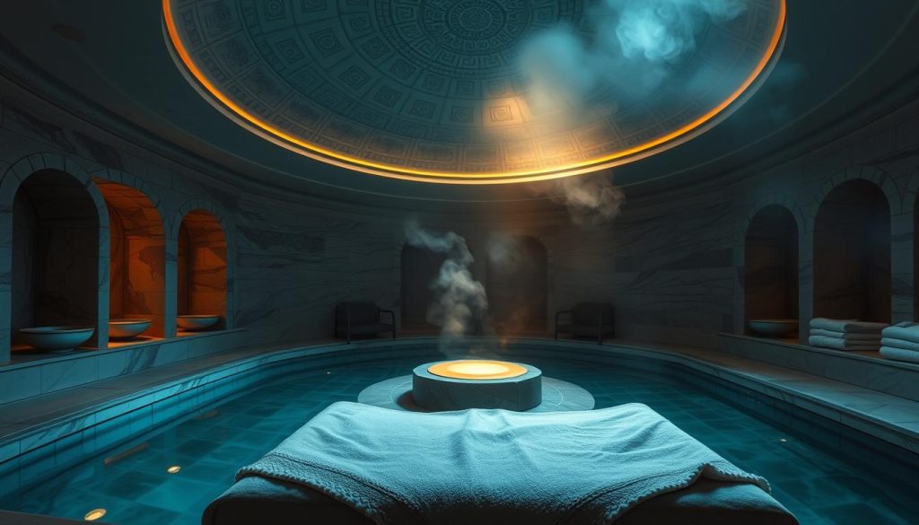 A dimly lit Turkish bath, the scent of eucalyptus and steam filling the air. A large, domed ceiling with intricate tile patterns casts a warm glow, illuminating the smooth, curved marble walls and the central, heated göbek taşı (belly stone). On the periphery, alcoves hold bowls of water and stacks of soft, plush towels. The foreground features a raised platform with a peshtemal (traditional Turkish bath towel) draped over it, ready for a relaxing kese (exfoliating scrub) and köpük (foaming soap) massage. The scene conveys a sense of timeless tradition, tranquility, and indulgent pampering. A dimly lit Turkish bath, the scent of eucalyptus and steam filling the air. A large, domed ceiling with intricate tile patterns casts a warm glow, illuminating the smooth, curved marble walls and the central, heated göbek taşı (belly stone). On the periphery, alcoves hold bowls of water and stacks of soft, plush towels. The foreground features a raised platform with a peshtemal (traditional Turkish bath towel) draped over it, ready for a relaxing kese (exfoliating scrub) and köpük (foaming soap) massage. The scene conveys a sense of timeless tradition, tranquility, and indulgent pampering.
