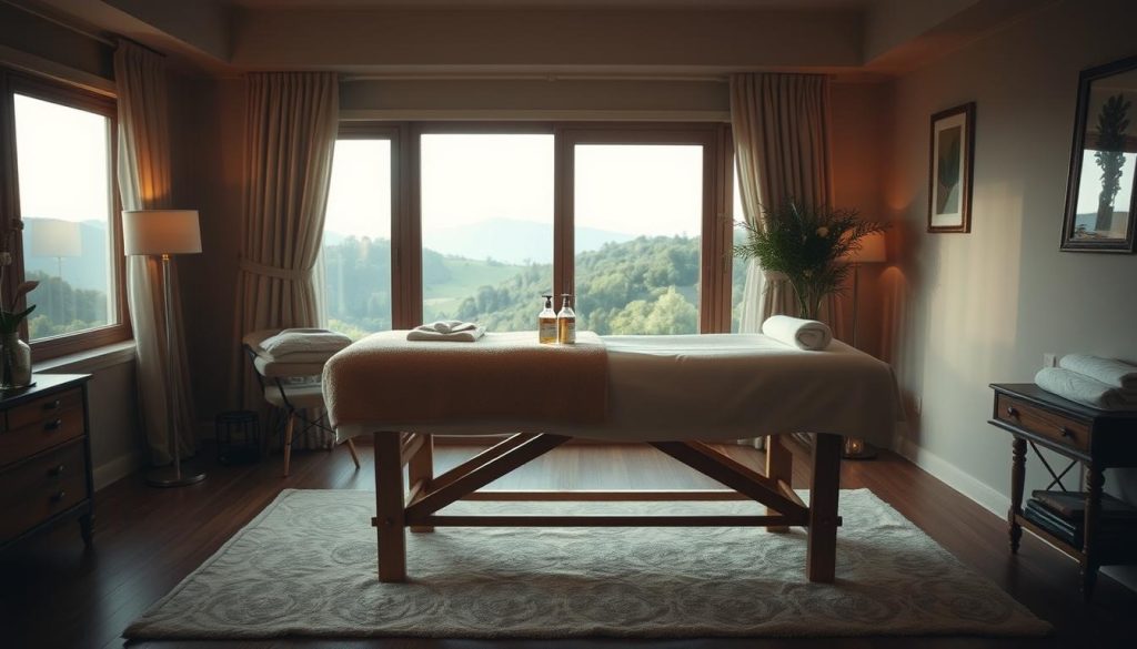 A dimly lit, cozy bedroom with soft, warm lighting casting a tranquil glow. In the foreground, a beautifully crafted, wooden massage table stands invitingly, adorned with plush linens and a calming array of massage oils and tools. The middle ground features a serene, natural landscape visible through a large window, providing a soothing backdrop. The overall atmosphere exudes a sense of relaxation, comfort, and professionalism, conveying the reliable and trustworthy nature of the home-based massage service. A dimly lit, cozy bedroom with soft, warm lighting casting a tranquil glow. In the foreground, a beautifully crafted, wooden massage table stands invitingly, adorned with plush linens and a calming array of massage oils and tools. The middle ground features a serene, natural landscape visible through a large window, providing a soothing backdrop. The overall atmosphere exudes a sense of relaxation, comfort, and professionalism, conveying the reliable and trustworthy nature of the home-based massage service.