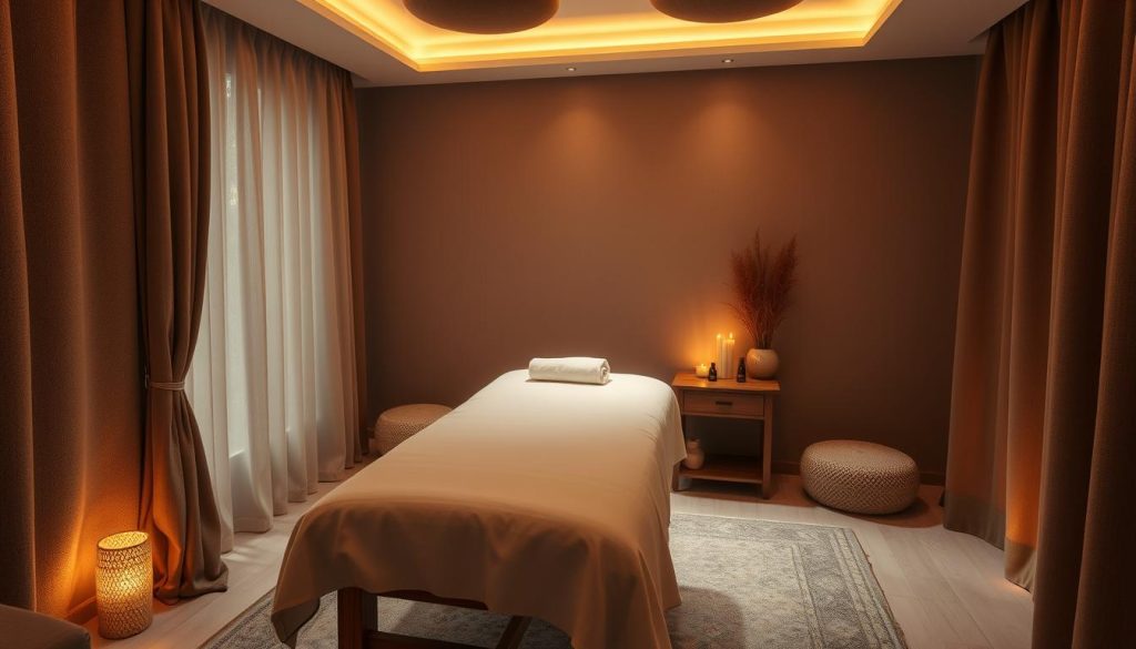 A dimly lit, cozy massage therapy room in Istanbul. Warm, soft lighting casts a soothing glow, creating a serene atmosphere. Plush, earthy-toned fabrics and natural textures adorn the space, evoking a sense of comfort and relaxation. In the center, a massage table stands ready, its crisp white linens inviting the patient to sink into a state of tranquility. Alongside, a wooden side table holds essential oils and calming incense, their aromas subtly permeating the air. The room's layout is designed to promote a peaceful, therapeutic experience, providing a sanctuary from the city's bustling energy outside. A dimly lit, cozy massage therapy room in Istanbul. Warm, soft lighting casts a soothing glow, creating a serene atmosphere. Plush, earthy-toned fabrics and natural textures adorn the space, evoking a sense of comfort and relaxation. In the center, a massage table stands ready, its crisp white linens inviting the patient to sink into a state of tranquility. Alongside, a wooden side table holds essential oils and calming incense, their aromas subtly permeating the air. The room's layout is designed to promote a peaceful, therapeutic experience, providing a sanctuary from the city's bustling energy outside.