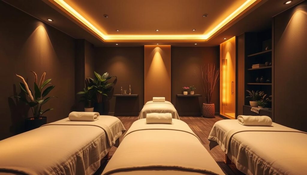 A dimly lit, elegant massage studio with warm, diffused lighting. Plush, therapeutic massage tables are positioned amidst soothing decor elements like potted plants, natural wood accents, and soft, earthy-toned fabrics. The space exudes a sense of tranquility and relaxation, inviting the viewer to imagine the restorative experience of a high-quality massage. The camera angle is slightly elevated, capturing the serene, holistic atmosphere of the studio. A dimly lit, elegant massage studio with warm, diffused lighting. Plush, therapeutic massage tables are positioned amidst soothing decor elements like potted plants, natural wood accents, and soft, earthy-toned fabrics. The space exudes a sense of tranquility and relaxation, inviting the viewer to imagine the restorative experience of a high-quality massage. The camera angle is slightly elevated, capturing the serene, holistic atmosphere of the studio.