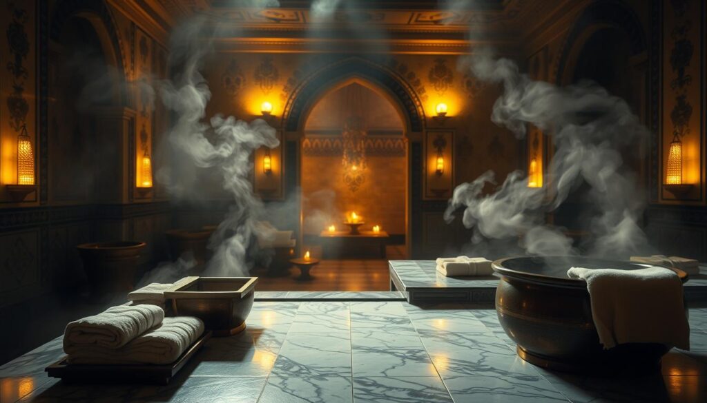 A dimly lit, luxurious Turkish bath (türk hamamı) scene, with steam gently rising from the heated marble surfaces. The foreground features an array of traditional bathing accessories, such as a wooden tub, a copper basin, and soft, plush towels. The middle ground showcases the ornate architecture, with intricate tile patterns and arched doorways. The background is hazy, evoking a sense of tranquility and relaxation, lit by warm, ambient lighting that casts a golden glow over the entire space. The composition should convey the soothing, rejuvenating atmosphere of an expert massage and treatment experience. A dimly lit, luxurious Turkish bath (türk hamamı) scene, with steam gently rising from the heated marble surfaces. The foreground features an array of traditional bathing accessories, such as a wooden tub, a copper basin, and soft, plush towels. The middle ground showcases the ornate architecture, with intricate tile patterns and arched doorways. The background is hazy, evoking a sense of tranquility and relaxation, lit by warm, ambient lighting that casts a golden glow over the entire space. The composition should convey the soothing, rejuvenating atmosphere of an expert massage and treatment experience.