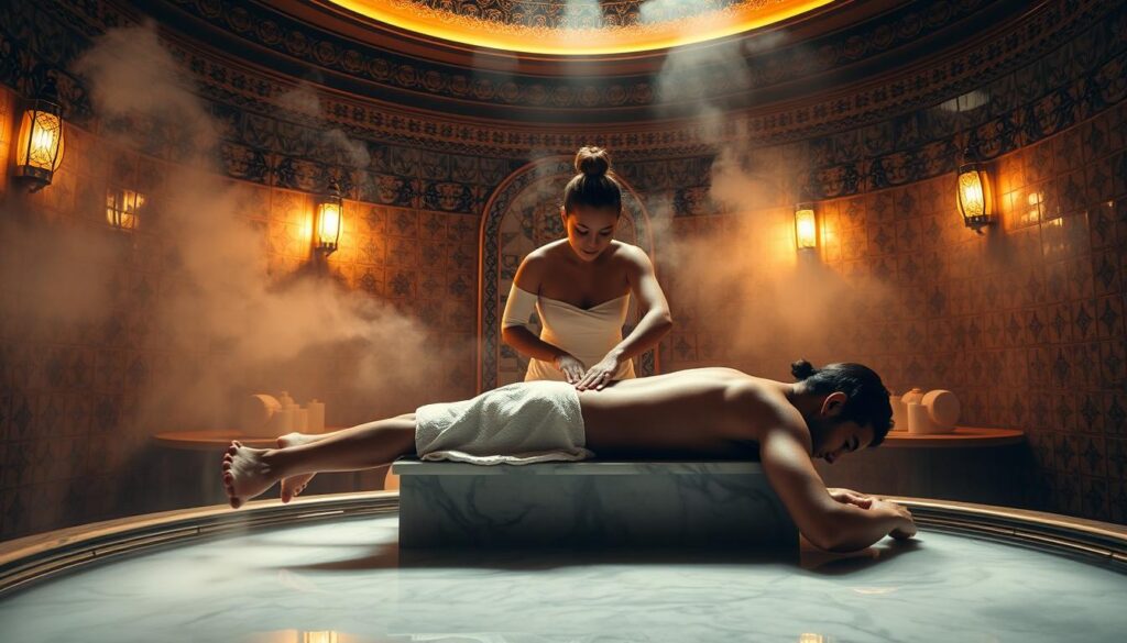 A dimly lit, luxurious Turkish hamam spa interior, featuring ornate tiled walls, a central marble slab, and aromatic steam billowing throughout. Soft, warm lighting illuminates the scene, creating a serene and rejuvenating atmosphere. The focal point is a skilled masseuse performing a series of specialized massage techniques, including kneading, long strokes, and thumb pressure, all with smooth, confident motions. The overall composition emphasizes the tranquil, indulgent experience of an authentic Istanbul hamam spa massage.