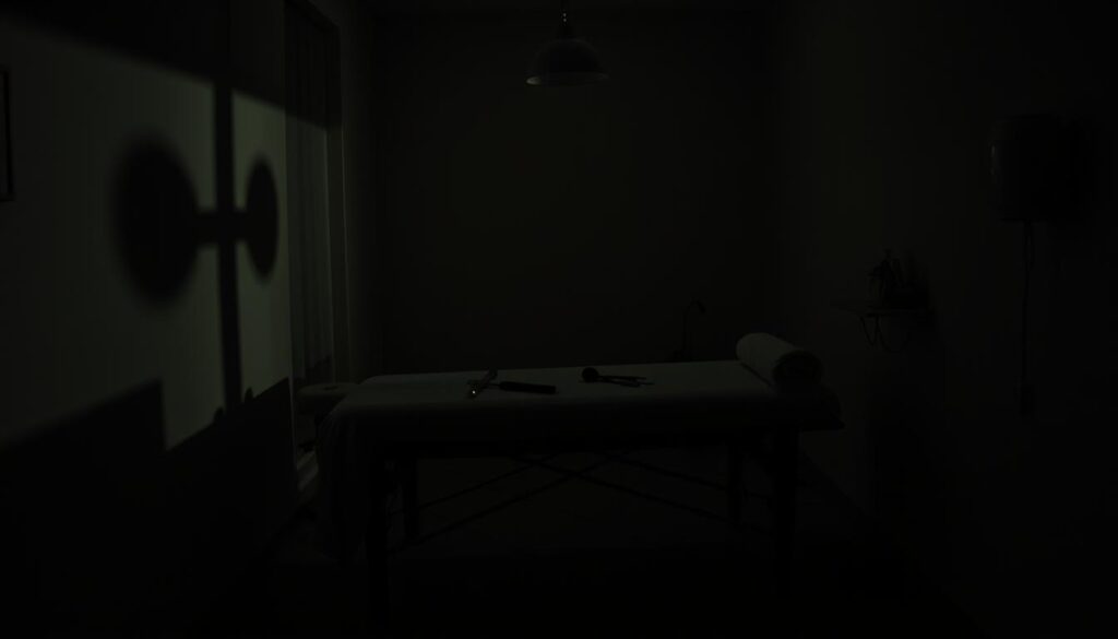 A dimly lit massage parlor, shadows cast across the walls, highlighting the incorrect techniques and potentially hazardous practices. A massage table stands in the center, with improperly positioned tools and equipment scattered around. The lighting is harsh, creating an uneasy atmosphere, suggesting the potential risks and dangers of such unprofessional massage services. The scene conveys a sense of unease and the need for caution when seeking out qualified, safe massage practitioners. A dimly lit massage parlor, shadows cast across the walls, highlighting the incorrect techniques and potentially hazardous practices. A massage table stands in the center, with improperly positioned tools and equipment scattered around. The lighting is harsh, creating an uneasy atmosphere, suggesting the potential risks and dangers of such unprofessional massage services. The scene conveys a sense of unease and the need for caution when seeking out qualified, safe massage practitioners.