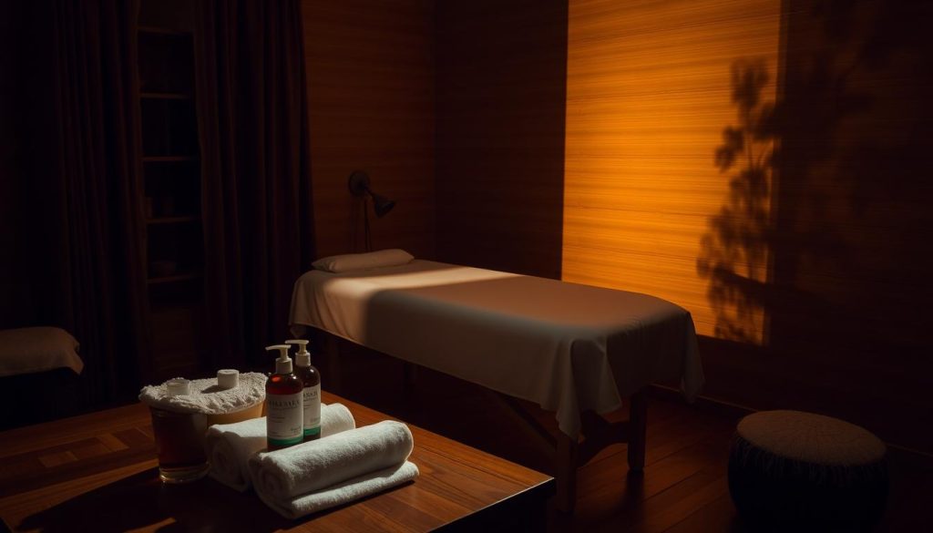 A dimly lit massage parlor, the room cast in a warm, soothing glow. Massage oils and towels lie neatly arranged on a wooden table, while a massage table stands in the center, its crisp linens inviting. Shadows play across the walls, hinting at the potential risks of improper technique or unsanitary conditions. The atmosphere conveys a sense of tranquility, yet also an underlying tension, reminding the viewer to be mindful of safety and precautions when seeking the benefits of adult massage therapy. A dimly lit massage parlor, the room cast in a warm, soothing glow. Massage oils and towels lie neatly arranged on a wooden table, while a massage table stands in the center, its crisp linens inviting. Shadows play across the walls, hinting at the potential risks of improper technique or unsanitary conditions. The atmosphere conveys a sense of tranquility, yet also an underlying tension, reminding the viewer to be mindful of safety and precautions when seeking the benefits of adult massage therapy.