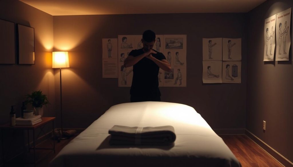 A dimly lit massage studio, with a massage table in the foreground. Towels, oils, and other massage tools are neatly arranged on a side table. The middle ground features a shadowy figure demonstrating an incorrect massage technique, their hands positioned awkwardly. In the background, a series of illustrations or diagrams depicting common massage education mistakes hang on the walls, providing visual guidance. The overall atmosphere is one of learning and caution, with a subdued, educational tone. Soft, warm lighting casts gentle shadows, creating a serene yet cautionary mood. A dimly lit massage studio, with a massage table in the foreground. Towels, oils, and other massage tools are neatly arranged on a side table. The middle ground features a shadowy figure demonstrating an incorrect massage technique, their hands positioned awkwardly. In the background, a series of illustrations or diagrams depicting common massage education mistakes hang on the walls, providing visual guidance. The overall atmosphere is one of learning and caution, with a subdued, educational tone. Soft, warm lighting casts gentle shadows, creating a serene yet cautionary mood.
