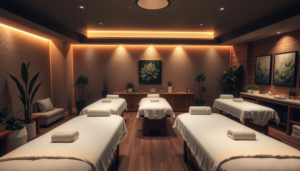 A dimly lit massage studio with soft, warm lighting casting a soothing glow. Plush, neutral-toned fabrics and natural wood accents create a calming, spa-like ambiance. Neatly arranged massage tables stand ready, each with crisp white linens and an array of massage oils and tools nearby. Potted plants and nature-inspired artwork adorn the walls, evoking a serene, restorative atmosphere. The space conveys a sense of tranquility and professionalism, catering to the needs of hardworking masseuses and their clients. A dimly lit massage studio with soft, warm lighting casting a soothing glow. Plush, neutral-toned fabrics and natural wood accents create a calming, spa-like ambiance. Neatly arranged massage tables stand ready, each with crisp white linens and an array of massage oils and tools nearby. Potted plants and nature-inspired artwork adorn the walls, evoking a serene, restorative atmosphere. The space conveys a sense of tranquility and professionalism, catering to the needs of hardworking masseuses and their clients.